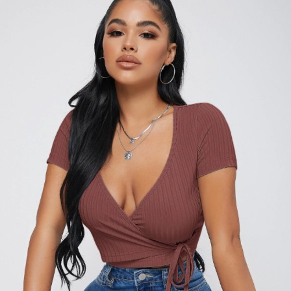 5/20$ Shein SXY Surplice Neck Knot Side Crop Top - Picture 5 of 5